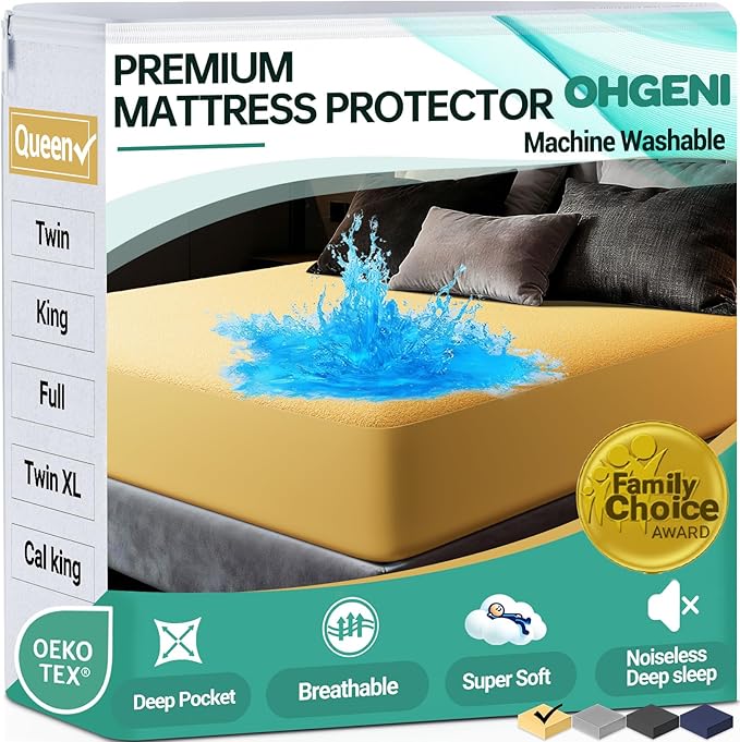 OhGeni 100% Waterproof Mattress Protector, Queen Size Yellow, Fitted Sheet with Deep Pockets, 6''-18'', Premium Noiseless Breathable Soft Material, Mattresses Cover for Bed