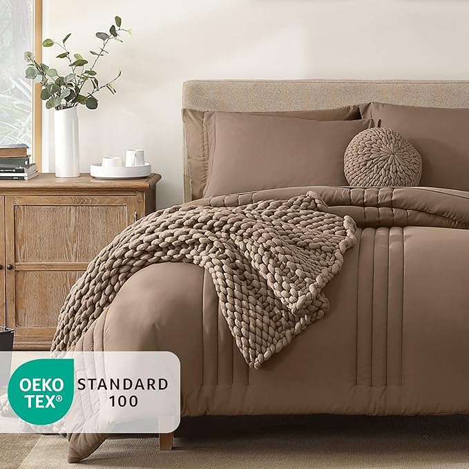 Monbix Super King Plus Size Comforter Set - 7 Pieces Raw Umber Bed in a Bag Super King Plus Bedding Sets with Comforters, All Seasons Comforter Bed Set with Sheets,Pillowcases & Shams
