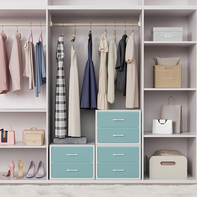 BOLUO Stackable Storage Drawers Closet Organizers and Storage Fabric Blue 2 Drawer Dresser for Bedroom 2 Packs Modern - Image 2