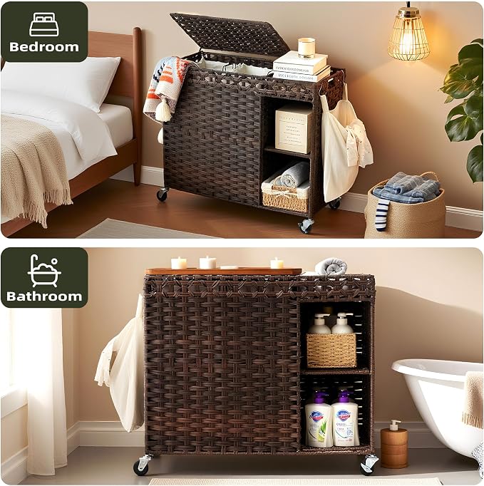 Laundry Hamper with Lid, 160L Rattan Wicker Laundry Basket with Wheels, Handwoven Laundry Hamper 2-Section with Storage shelf(42.3 Gal), Laundry Sorter Basket with Removable Liner, Brown HLH032BR - Image 4