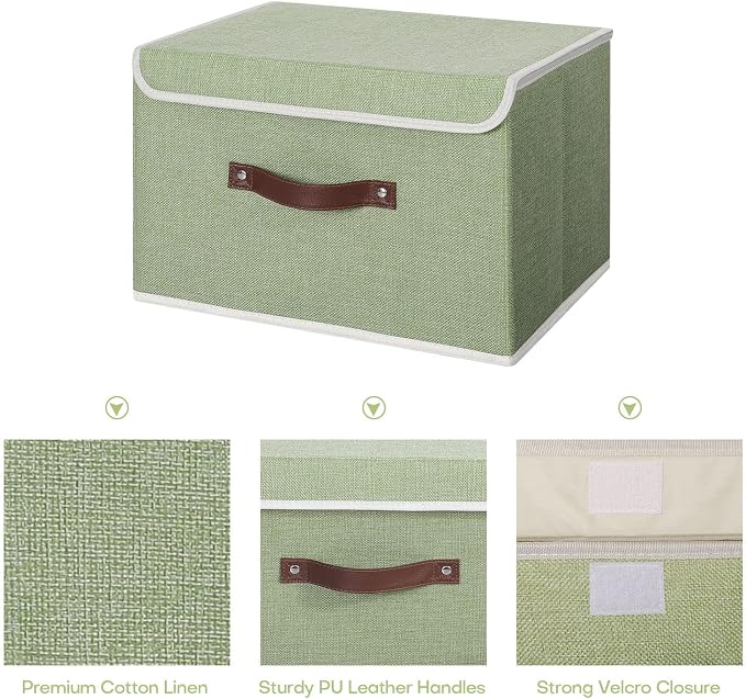 ANMINY 2PCS Storage Bins with Lid PU Leather Handles Storage Boxes PP Plastic Board Decorative Foldable Lidded Cotton Linen Fabric Home Cubes Baskets Closet Organizer Containers - Green, Large Size - Image 3