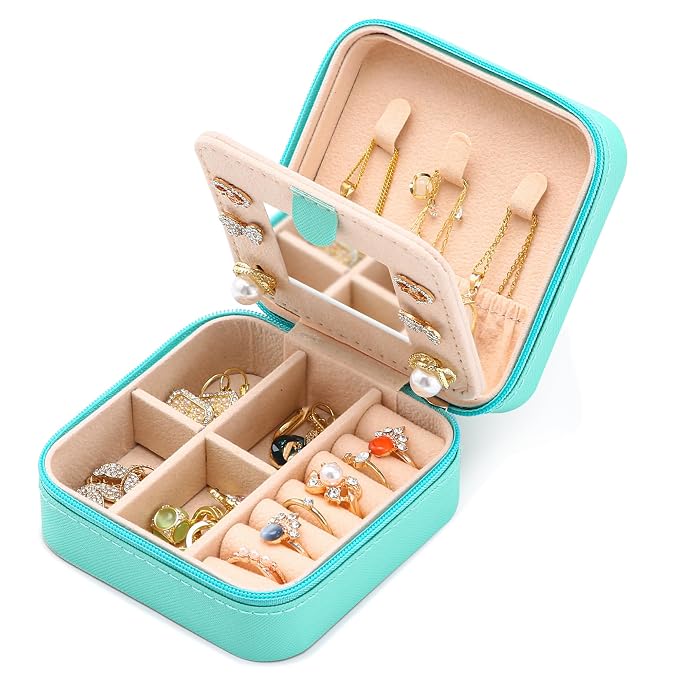 Neveika Jewelry Box with Mirror,Small Jewelry Organizer Box，Travel Jewelry Case for Women，Gift Jewelry Boxes for Female Girls (mirror blue) by NEVEIKA