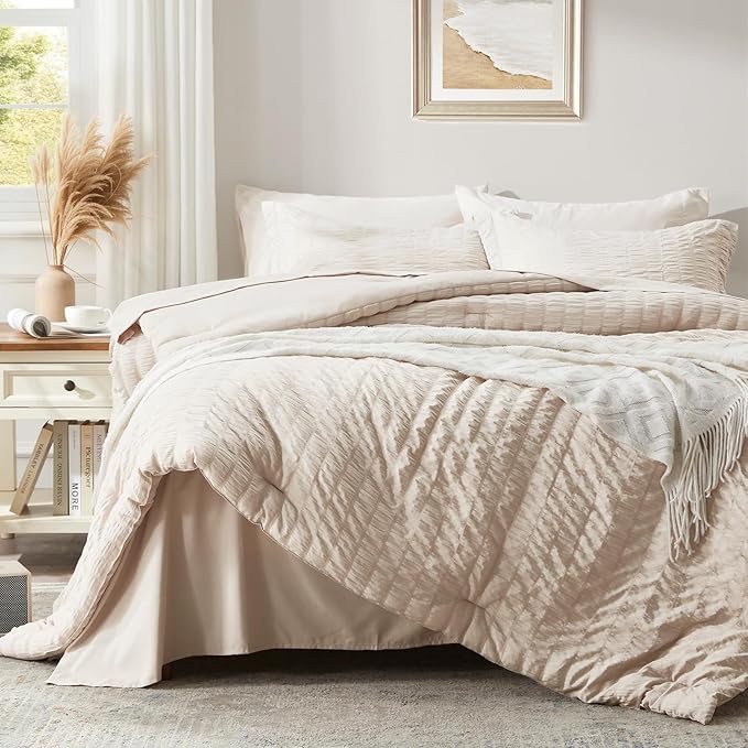 Zzlpp Full Comforter Set 7 Pieces, Beige Seersucker Bed in a Bag with Comforter and Sheets, All Season Bedding Sets with 1 Comforter, 2 Pillow Shams, 2 Pillowcases, 1 Flat Sheet, 1 Fitted Sheet