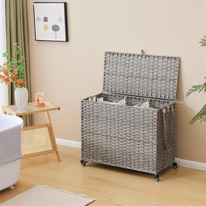 Laundry Hamper with Wheels, 52.8 Gallon(200L) Rolling Laundry Basket with Lid, 3-Section Rattan Clothes Hamper with 3 Removable Liner & 3 Mesh Bags, Laundry Sorter with Side Pocket, Grey - Image 3