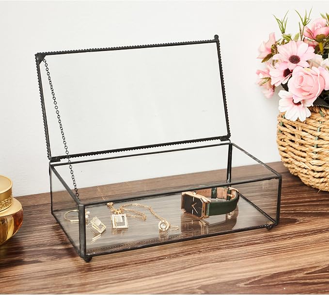 Vintage Glass Jewelry Box Keepsake Box with Hinged Lid, Great for Storage Trinket/Jewelry/Card/Photo, Black Decorative Box for Dresser-15612EX - Image 3