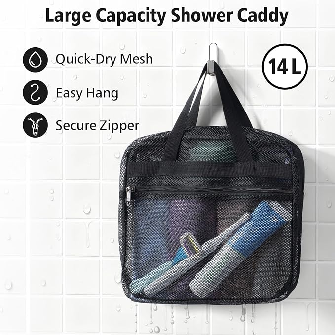 F-color Mesh Shower Caddy Portable with Zipper -Dorm Room Essentials for Guys Girls with S Hook, Shower Bag Basket Tote for College Camping Toiletry Bathroom, Black - Image 3
