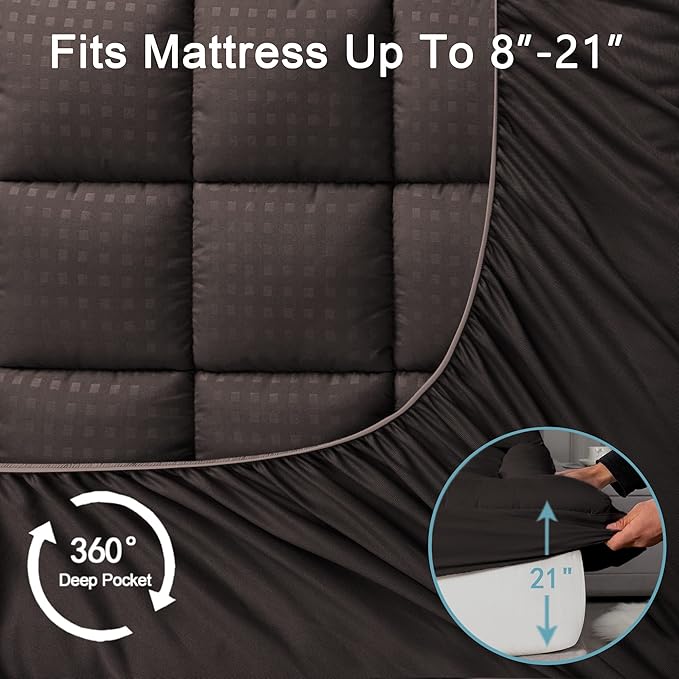 HYLEORY Twin Mattress Pad Quilted Fitted Mattress Protector Cooling Pillow Top Mattress Cover Breathable Fluffy Soft Mattress Topper with 8-21" Deep Pocket, Brown