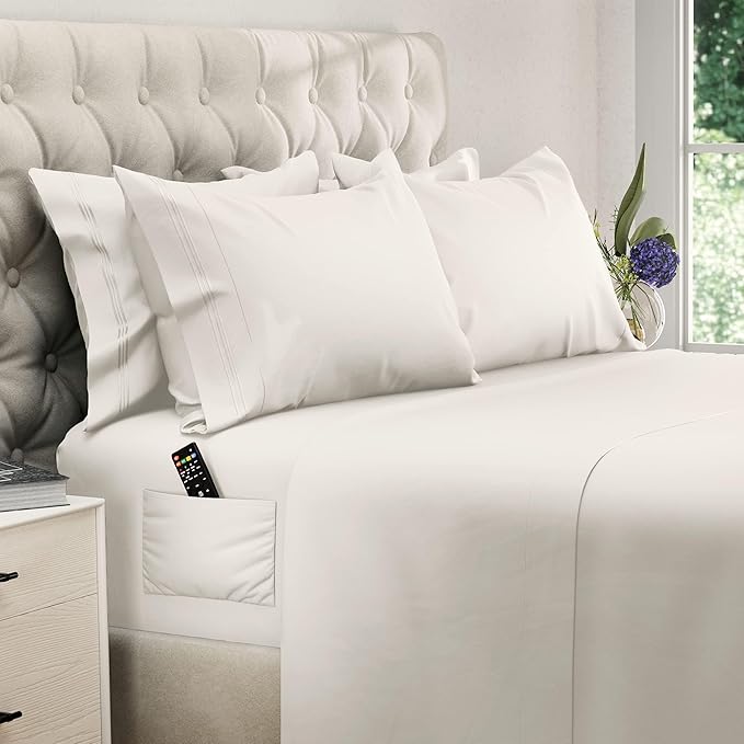 DREAMCARE Full Size Sheets - 6 pcs Breathable Cooling Bed Sheets - up to 15" Deep Pocket Full Size Bed Sheets wth Side Pockets - Extra Soft 100% Brushed Hypoallergenic Hotel Luxury Bedding - Ivory