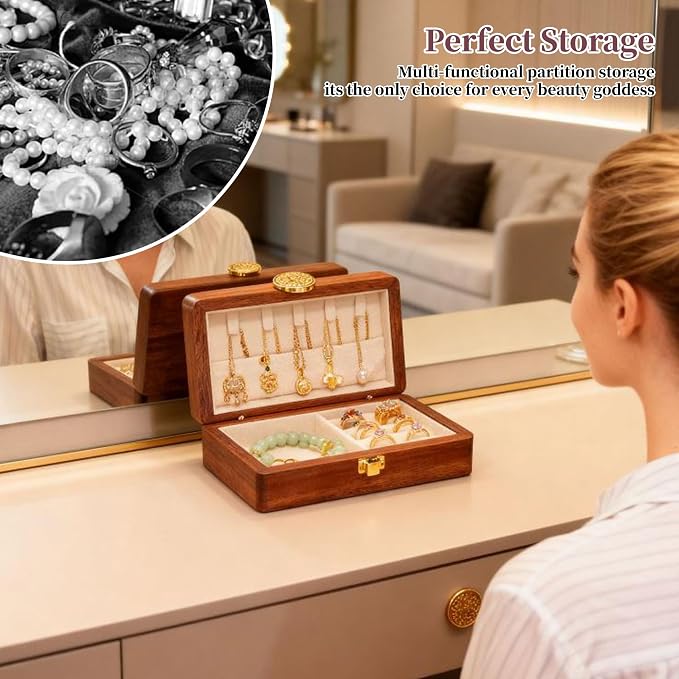 Travel Jewelry Case Small Wood Jewelry Organizer Jewelry Box for Women (Nut-Brown Print B) - Image 5