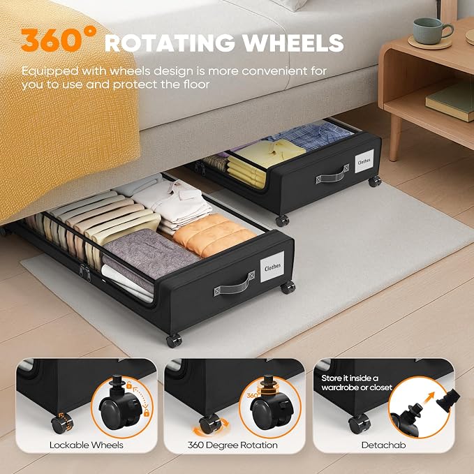 Camkey® Under Bed Storage with 360° Wheels, 2-Pack, 60L Low-Profile Rolling Underbed Bins for Clothes, Shoes, Toys & Books,Easy Pull-Out, Dust Protection, Space-Saving Organizer for Bedroom/Dorm,Black - Image 4