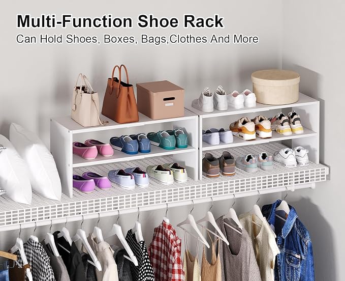 2 Pack White Shoe Rack for Closet, 2-Tier Expandable Small Shoe Shelf, Stackable Iron Wood Combination Shoe Organizer Racks Shelves for Closets, Entryway, Hallway, Garage, Holds 12-24 Pairs - Image 5