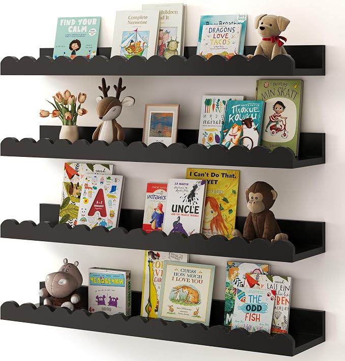 Shario Nursery Book Shelves, 4-Pack Wood Floating Shelves for Wall Kids, Scalloped Shelves, Wall Book Shelves for Bedroom Kids, Toddler Room, Baby Room, Nursery Decor (Black, 23 Inches) by Shario