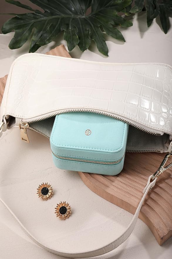 S.Leaf Travel Jewelry Organizer Boxes for Women Small Portable Necklace Earrings Bracelet Rings Travel Case Best Friend Birthday Gifts for Women Trendy (07_Suede_Touch_Mint_Green) - Image 4