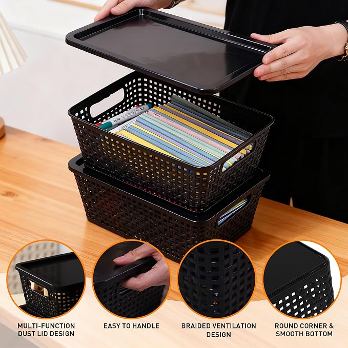 Plastic Storage Baskets With Lid, Storage Bins for Organizing, Stackable Decorative Containers for Shelves Drawers Desktop Closet Playroom Classroom Office, 8 Pack-Black - Image 3