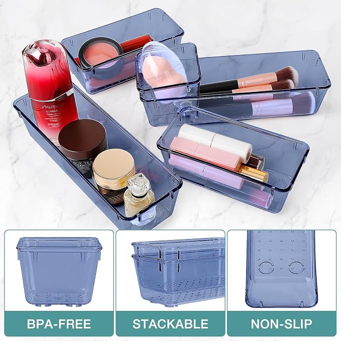 StorMiracle 23 PCS Drawer Organizer Set, 5 Varied Size Bathroom and kitchen Drawer cabinet organizer Trays, Clear Storage Bins for Makeup, Jewelry, Utensils and Gadgets, Dark Blue - Image 3