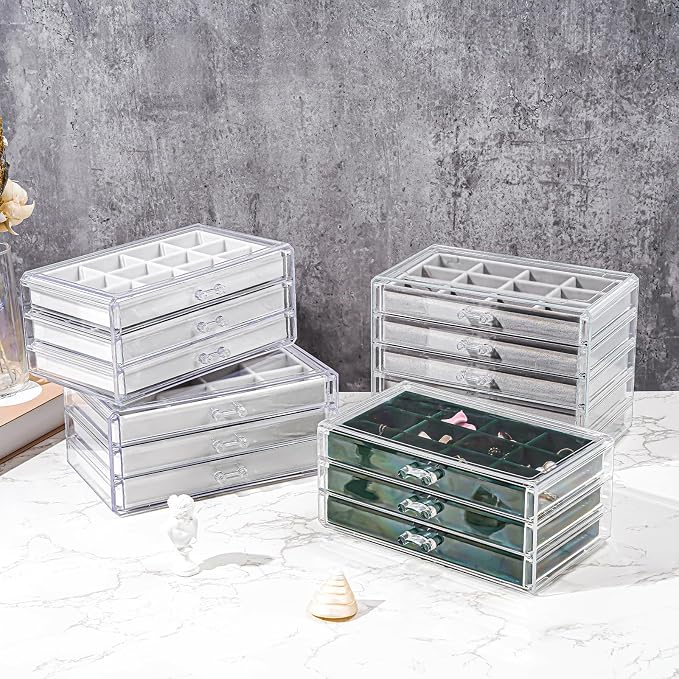 ProCase Earring Holder Organizer Jewelry Box with 3 Drawers, Acrylic Clear Earring Case with Adjustable Velvet Trays for Women - Emerald, 3 Layers - Image 5