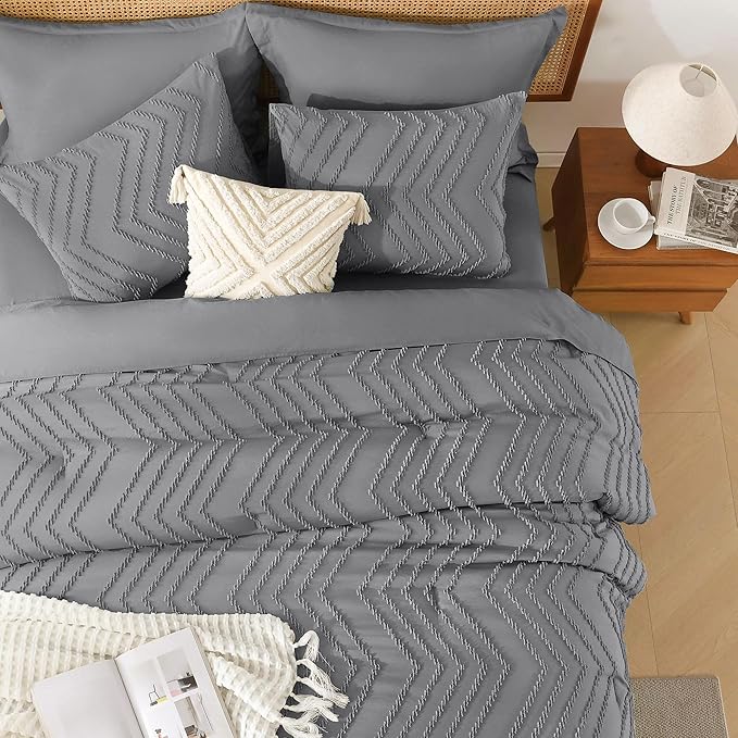 Litanika Full Size Comforter Set with Sheets Medium Gray - 7 Pieces Bed in a Bag Full Chevron Tufted Complete Bedding Sets with Comforter, Sheets, Pillowcases & Shams