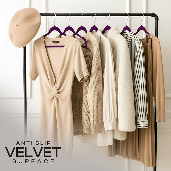 Utopia Home Velvet Hangers 50 Pack – Luxury Non-Slip Slim Pant & Coat Hangers, Strong Space-Saving Clothes Hangers with Pants Bar and 360° Swivel Hook – Purple - Image 6