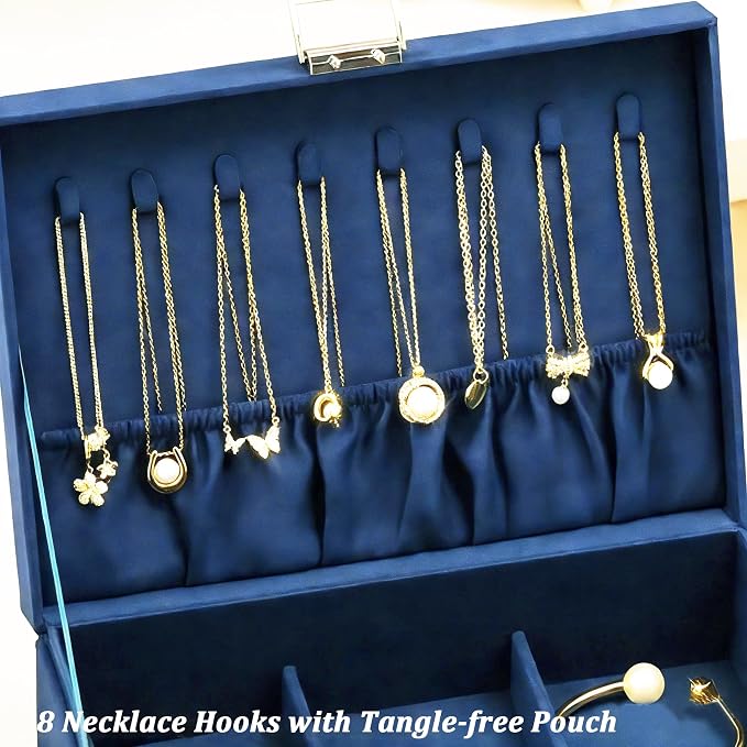 QBestry 3-Layer Jewelry Box for Women with Lock and Key & Drawer, Large Jewelry Organizer with 8 Necklace Hooks & 56 Earring Holes, Navy Velvet Jewelry Storage Box for Necklaces Earrings Ring Bracelet - Image 5