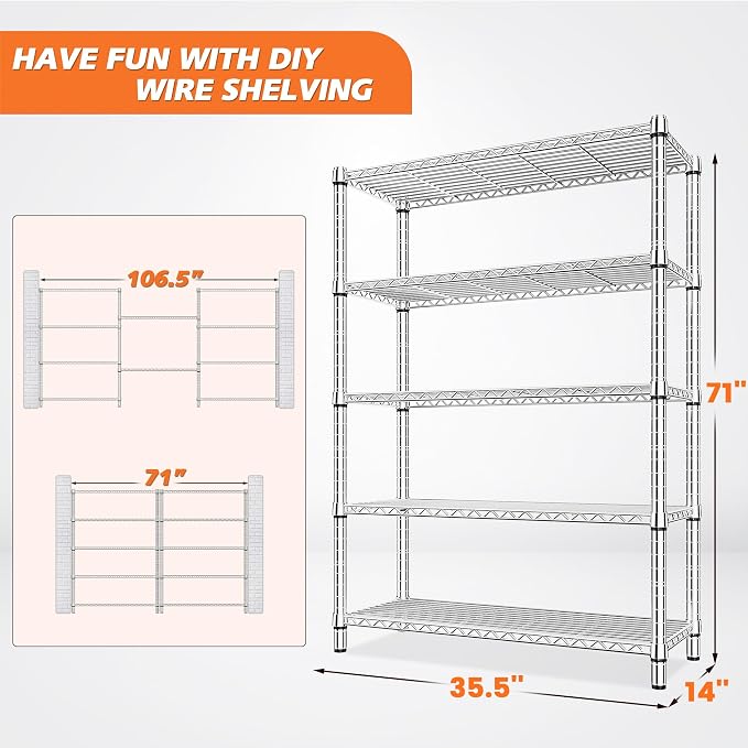 REIBII 5 Tier Metal Shelving Storage Shelves, 71''H Adjustable Wire Shelves Garage Shelving Unit for Kitchen, Pantry, Laundry Room, Warehouse, Office, 71H X 35.5W X 14D, Chrome - Image 2