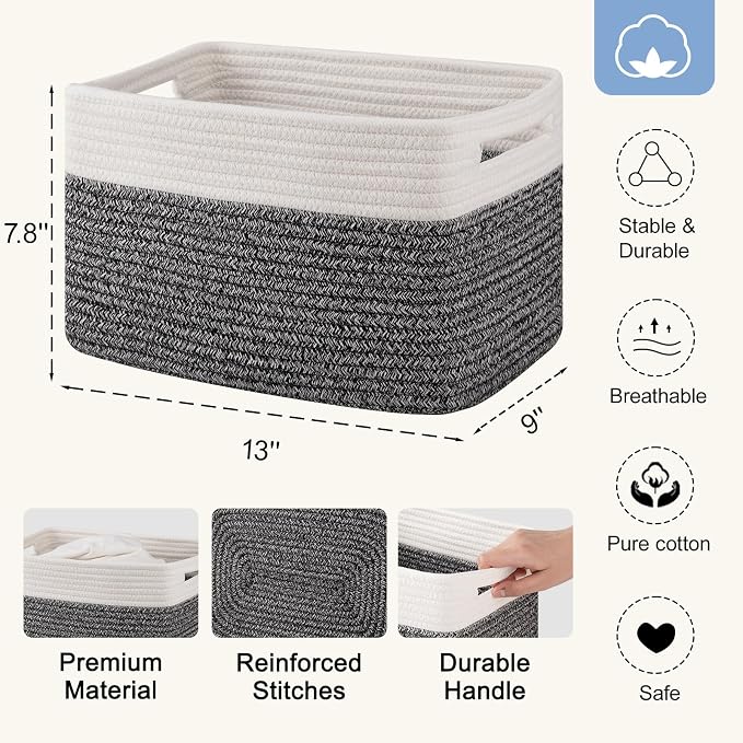 4 Pack Storage Baskets for Organizing, Woven Baskets for Shelves - Perfect for Toys, Books, Towels, and Clothes, Durable Gift Basket Bins Toy Storage, 12.7''Lx9''Wx7.8''H, Black & White - Image 2