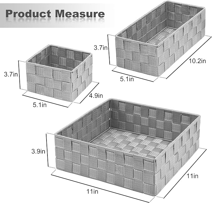 Posprica Drawer Organizer Bins,Woven Strap Storage Box Cube Basket Containers Divider for Organizing drawers, Shelves, Closets, Cabinets, Dressers and Countertops,set of 4, Light Grey - Image 2
