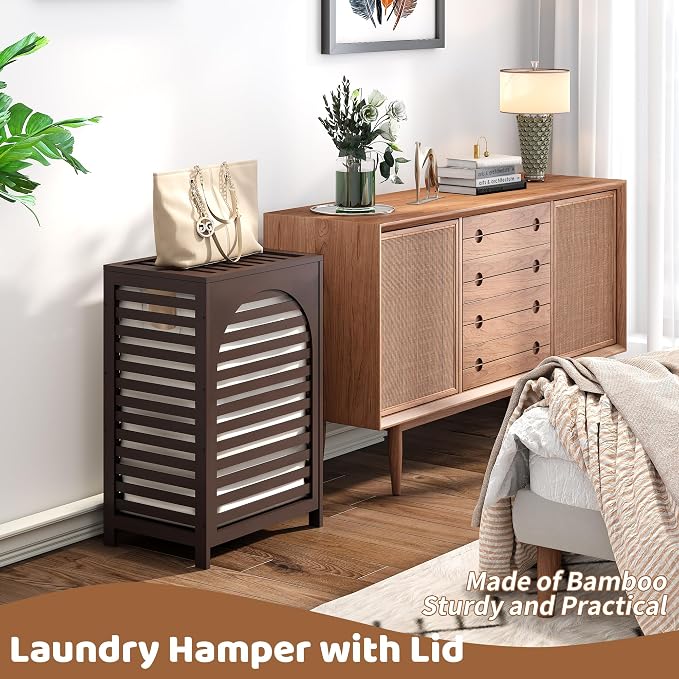 FILWH Laundry Hamper with Lid (16.9 * 13 * 26.5inches) Large Bamboo Laundry Bin Basket 85L Clothes Hamper with 1 Removable Bag Storage baskets for Bathroom(Brown) - Image 6
