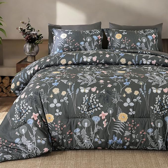 Yiran 7 Piece Grey Floral Comforter Set King Size, Botanical Flowers Bed in a Bag King, Soft Microfiber Complete Bedding Set with Sheets for All Season