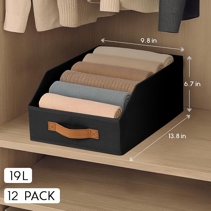 Homsorout Fabric Storage Bins for Organizing - 12 Pack Large Trapezoid Collapsible Storage Bins with Front Handle, Closet Organizers and Storage for Bedroom, Home Shelves, Small Spaces, Black - Image 2