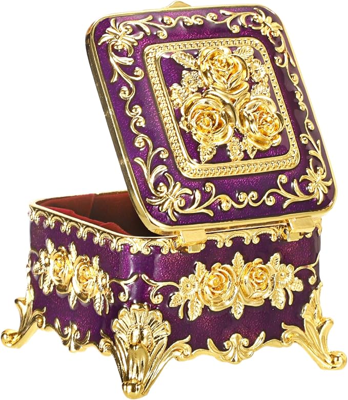 Hipiwe Vintage Jewelry Box Small Trinket Storage Organizer Box Gold Metal Chest Ring Case Treasure Chest Square Keepsake Boxes for Earrings Necklace Gift for Women,Purple - Image 8