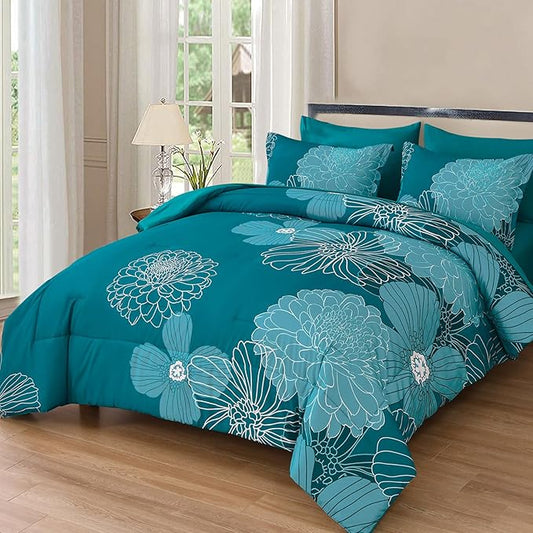 Yiran Queen Comforter Set Teal Bed in a Bag Floral Comforter Sets Soft Microfiber Boho Bedding Sets for All Season,7 Piece,90"×90"