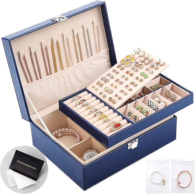 Jewelry Organizer Box PU Leather Jewelry Box for Girls Womens Earring Organizer Boxes 2 Layer Large Jewelry Storage Case Removable Tray for Necklace Earring Ring with Polishing Cloth and Jewelry Bags by SANIKEON