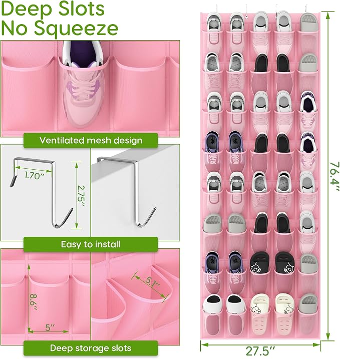 Unjumbly Over the Door Shoe Organizer with 40 Large Breathable Mesh Pockets, Space Saving Shoe Holder, Hanging Shoe Rack for Entryway Bedroom Closet Storage (Pink, 40 Pockets) - Image 2