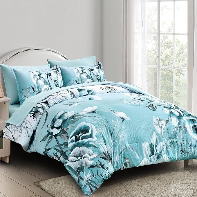 Luxudecor Floral Comforter Set King Size 7 Piece, Aqua Flower Bed in a Bag, Elegant Gradient Floral Comforter with Sheet Set, Soft Seersucker Microfiber Bedding Set for All Season (Aqua, 104"x90")