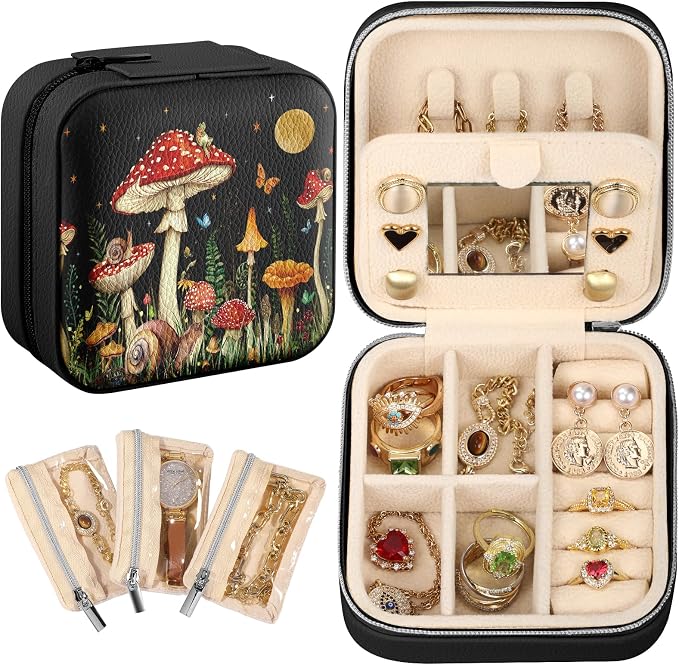 Bistup Travel Jewelry Case - Small Jewelry Organizers and Storage Box for Women Girls Teens Cute Traveling Jewelry Holder with Mirror Little Tiny Compact Modern Unique Aesthetic Pretty, Mushroom by Bistup