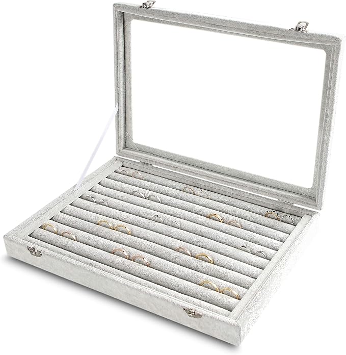 Frebeauty Rings/Earrings Organizer Tray with Clear Lid 10 Slots Velvet Drawer Insert Jewelry Storage box with Glass lid Jewelry Display Case Showcase Gift for Girls Women (Grey, 10 Slots) by Frebeauty