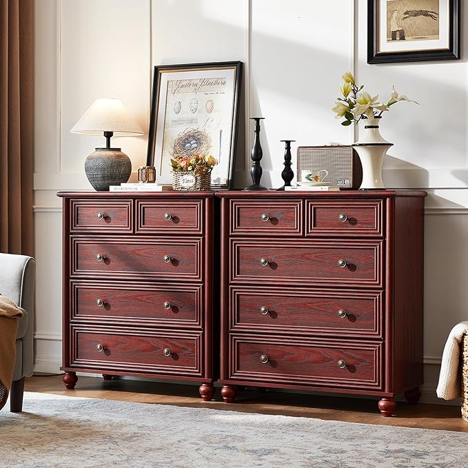 RWYHG Farmhouse 5 Drawer Dresser for Bedroom, 35.5" Tall Small Dressers & Chest of Drawers, Rustic Wood Dresser with Roman Column, Storage Organizer for Living Room, Hallway, Closet (Red Oak)