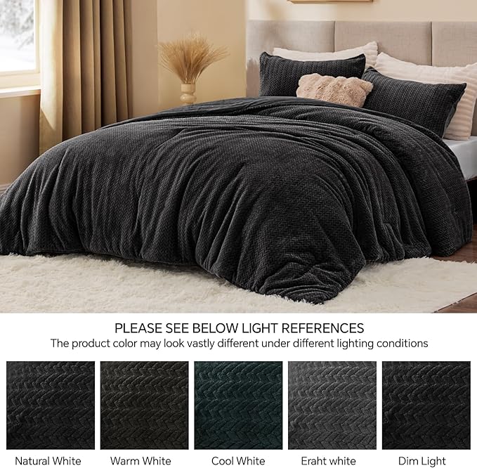 Flannel Fleece Queen Comforter Set - Furry Black Leaves Pattern Faux Fur Bed Set, Winter Ultra Soft Fuzzy Comfort Set, Velvet Bedding Set for Bed with 2 Pillow Cases