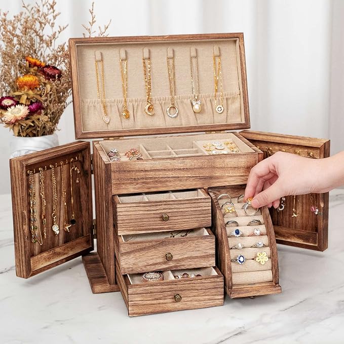 Poyilooo Jewelry Box Organizer, Solid Wood Jewelry Boxes for Women for Storage & Display Necklace Ring Earring Bracelet, Rustic Style Jewelry Organizer Box for Women Gifts (Carbonized Brown) - Image 2