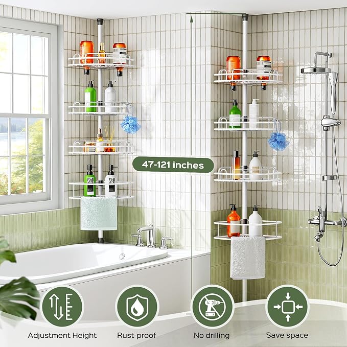 HAMITOR Corner Shower Caddy Tension Pole: Rustproof Bathroom Organizer Shelves for Bathtub Shampoo Accessories Storage Holder - 47-121 Inch Adjust - White - Image 7