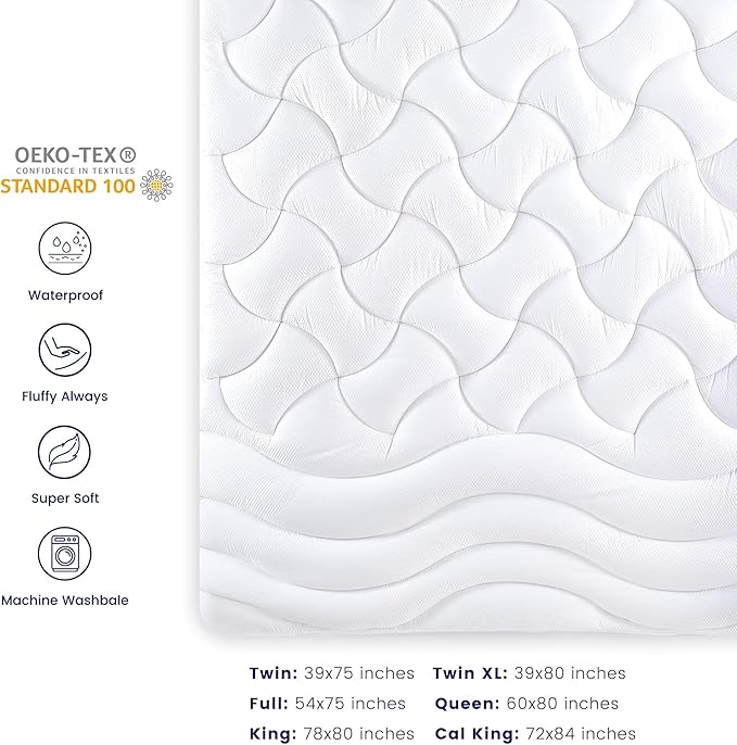 SLEEP ZONE Waterproof Mattress Pad Full, Breathable Mattress Topper Quilted Fitted Cover Protector with Deep Pockets fits 8-21 inch, White