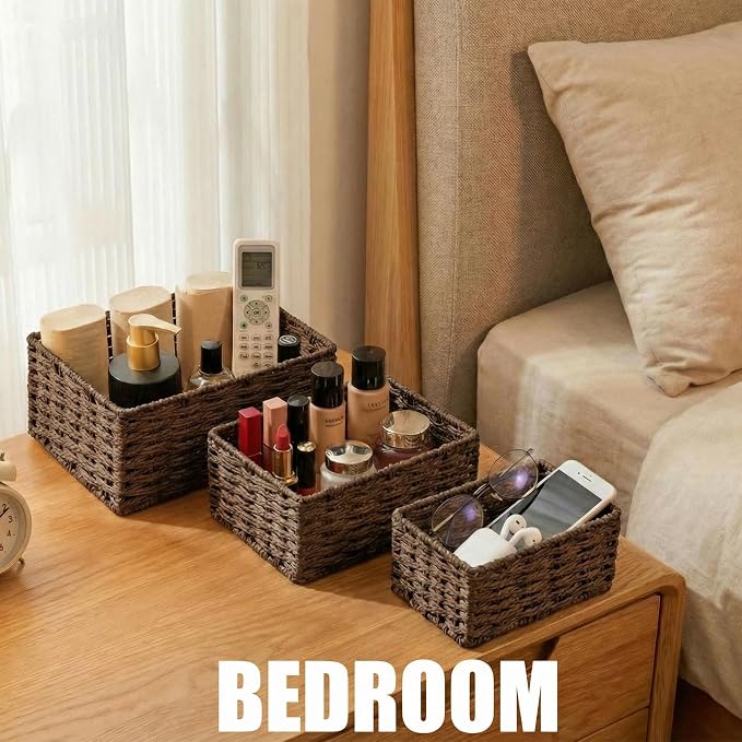 Small Wicker Basket for Organizing, Woven Storage Basket Set of 3 - Handwoven Natural Paper Rope Baskets to Declutter Any Room, Perfect for Organizing and Home Decor (Coffee) - Image 3