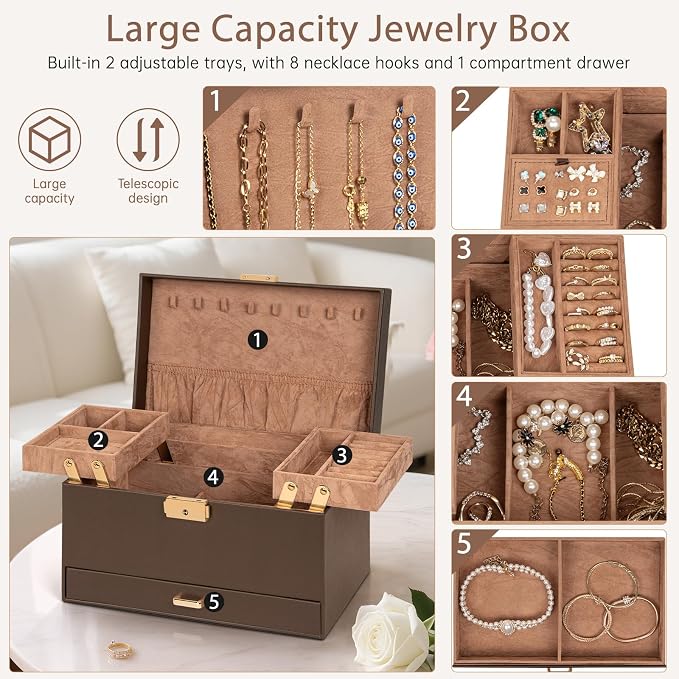 AKOZLIN Travel Jewelry Box Organizer Functional 2-trays Leather Jewelry Storage Case with Lockable Portable Drawer for Women Girls Ring Necklace Earring Bracelet - Image 5