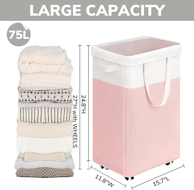 Goodpick Laundry Basket with Wheels 2-Pack, 75L Tall Clothes Hamper, Large Laundry Basket with Removable Wash Bag for Corner Dorm, Rolling Hamper, Pink&White - Image 4