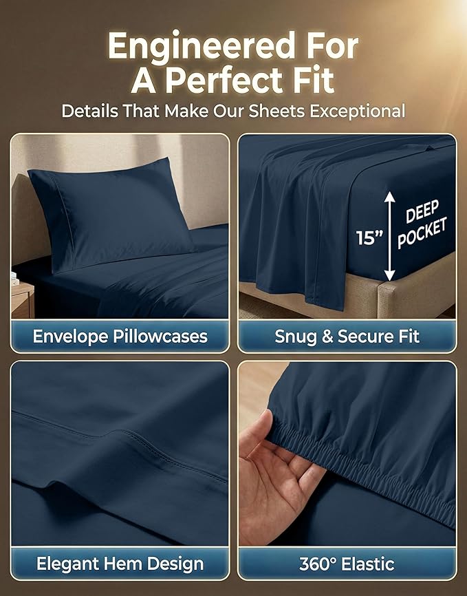 LANE LINEN Twin Sheets Set - 600 Thread Count Premium Sateen Weave - Hotel Quality 100% Cotton Sheets Set for Dorm Rooms - Securely Fits Mattresses Upto 15'' Deep - Oeko Tex Certified - Denim