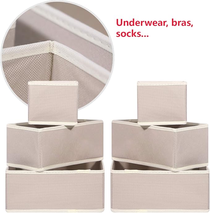 DIOMMELL 12 Pack Foldable Cloth Storage Box Closet Dresser Drawer Organizer Fabric Baskets Bins Containers Divider for Clothes Underwear Bras Socks Lingerie Clothing, Beige 444 - Image 4