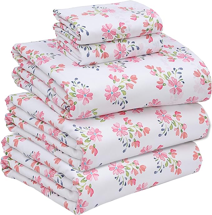 RUVANTI 100% Cotton Sheets – Split King Size Percale Bedding, Cooling & Breathable Floral Design, Durable with a Crisp, Soft & Comfortable Feel, 16" Deep Pocket, 5-Piece Set, Bloomex
