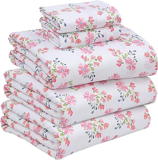 RUVANTI 100% Cotton Sheets – Split King Size Percale Bedding, Cooling & Breathable Floral Design, Durable with a Crisp, Soft & Comfortable Feel, 16" Deep Pocket, 5-Piece Set, Bloomex