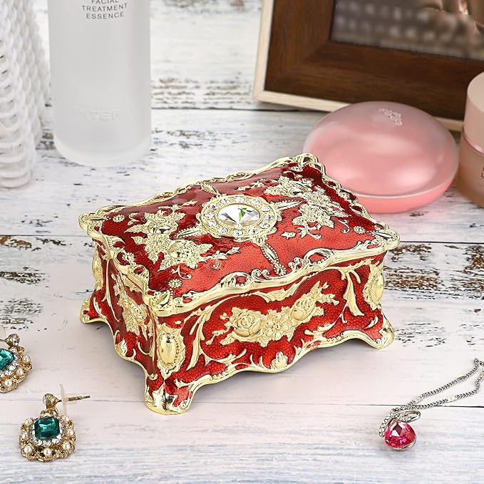 Hipiwe Vintage Jewelry Box, Small Enameled Trinket Box Organizer Rectangular Treasure Chest Box Jewelry Decorative box Keepsake Gift Box Case for Women,3.7x 2.7x 2 inch - Image 3