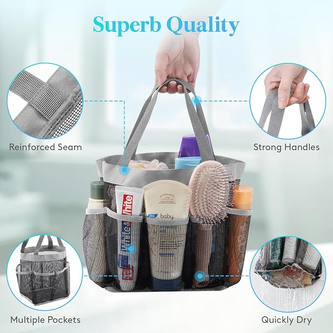 Lifewit Mesh Shower Caddy Portable for College Dorm Room Essentials with 7 Pockets, Freestanding Hanging Organizer Basket, Quick Dry Tote Bag for Camping, Bathroom, Beach, Travel, 1 Pack, Grey - Image 5